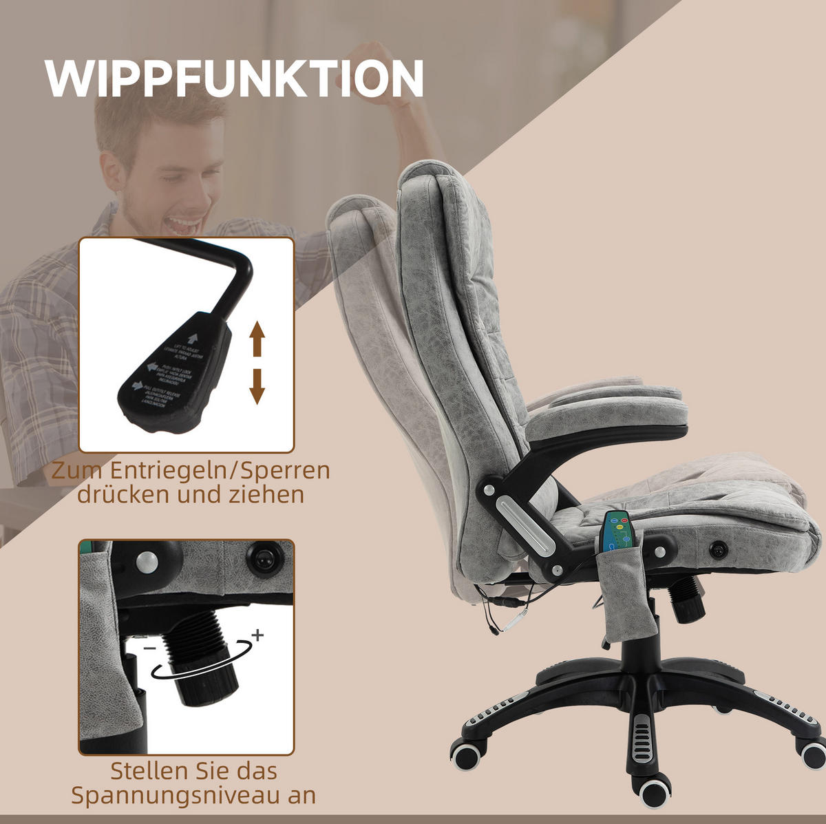 DREHSTUHL 68/72/110-120 cm grau aus Polyester mit Massage- und Heizfunktion - Grau, Kunststoff (72/120/68cm) - OKWISH