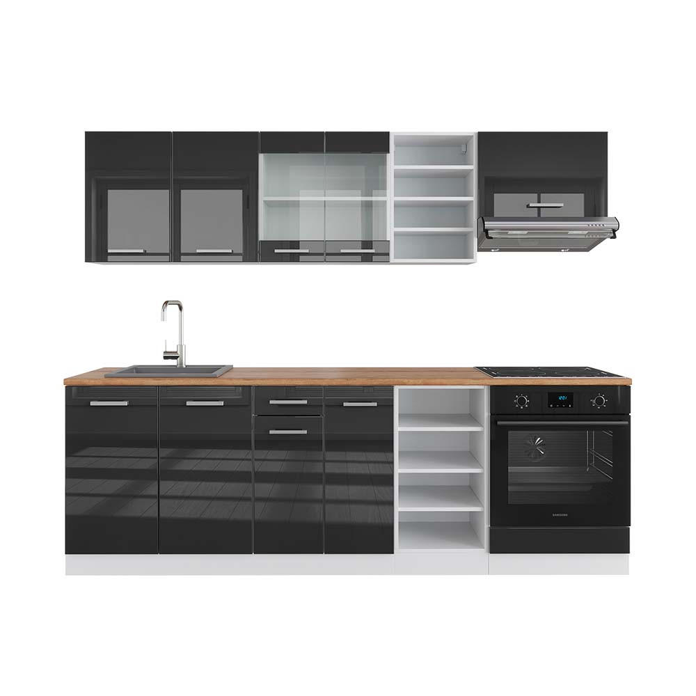 KÜCHENZEILE R-Line Anthrazit Hochglanz/Weiß 240 cm, AP Eiche - Anthrazit/Weiß, Holzwerkstoff (240/81.6/60cm) - Vicco
