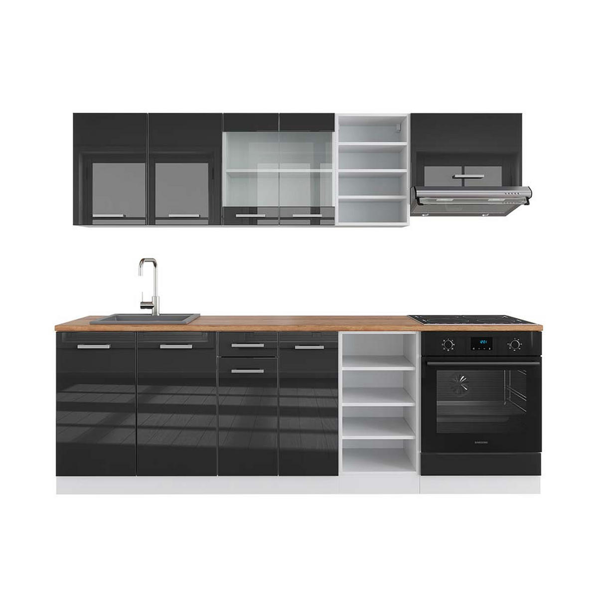 KÜCHENZEILE R-Line Anthrazit Hochglanz/Weiß 240 cm, AP Eiche - Anthrazit/Weiß, Holzwerkstoff (240/81.6/60cm) - Vicco
