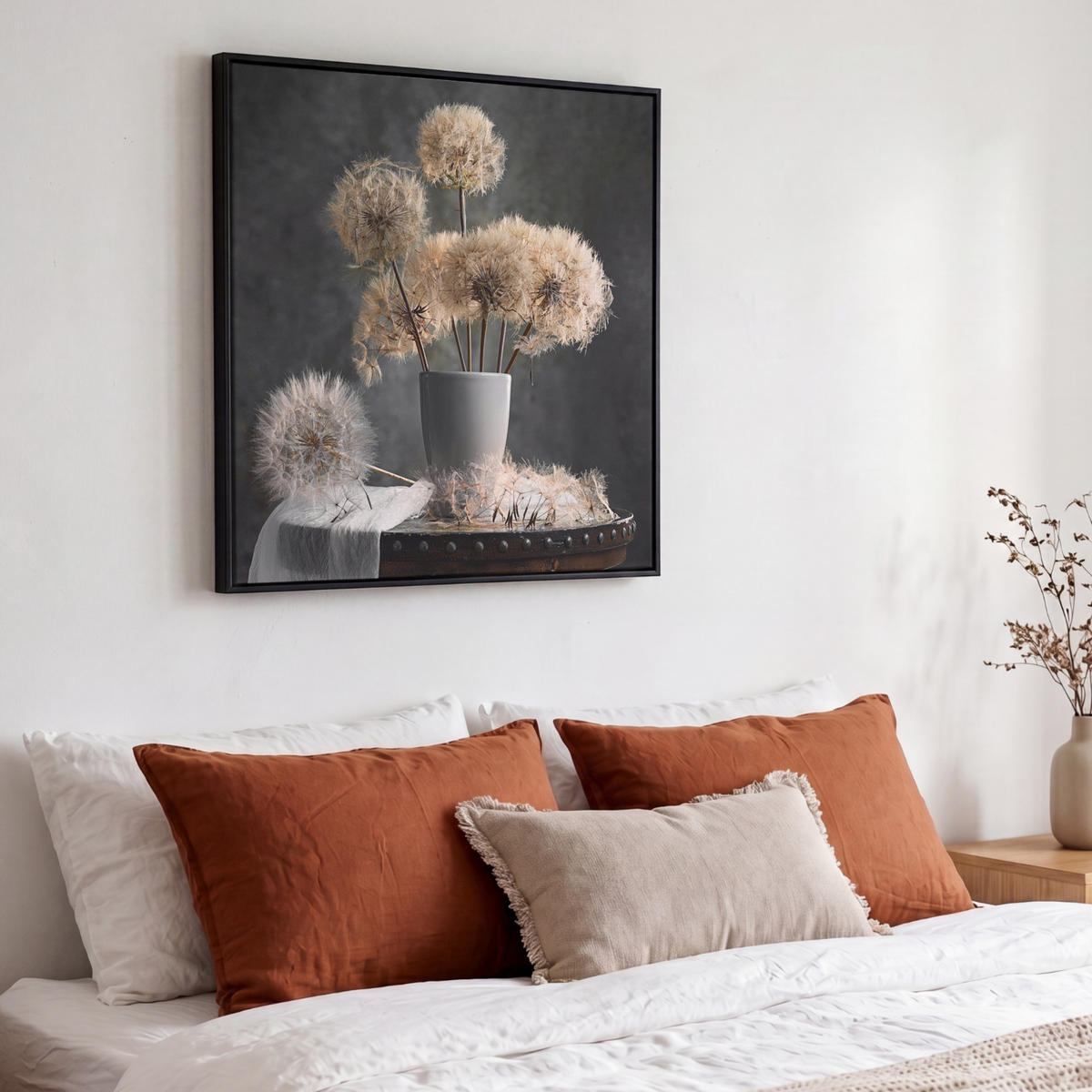 LEINWAND Bilder mit Rahmen - Blumensamen - Löwenzahn - Vase - Stilleben - Blumenstrauß - 50x50 - Dunkelgrau, Textil (50/50cm) - MuchoWow