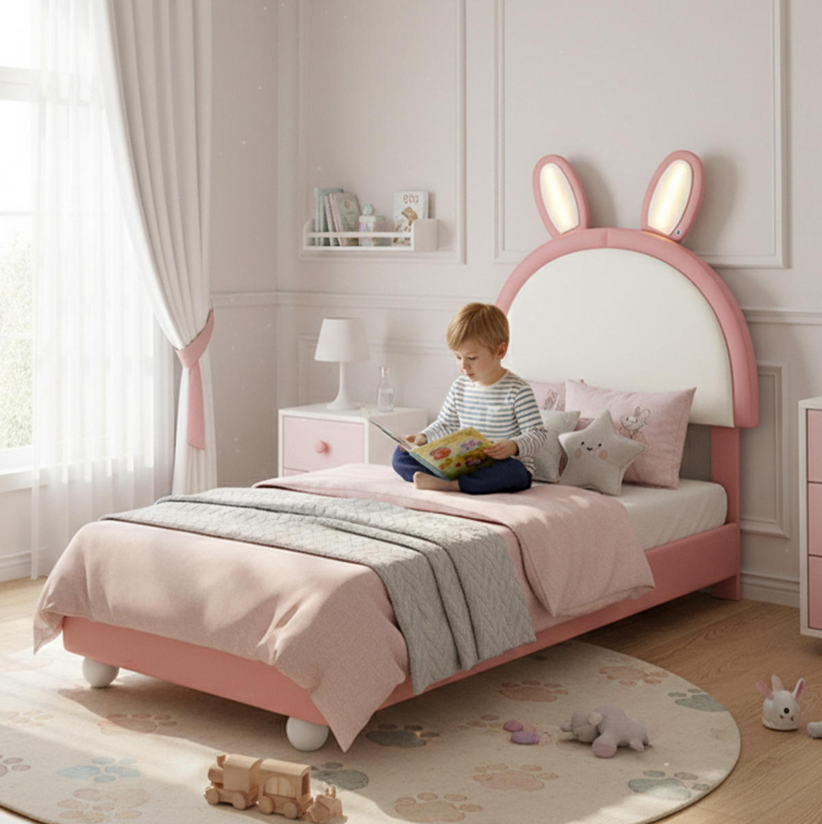 POLSTERBETT 90/200 cm Rosa+Weiß aus PU mit LED und Hasen-Kopfteil - Weiß, Kunststoff (90/200cm) - OKWISH