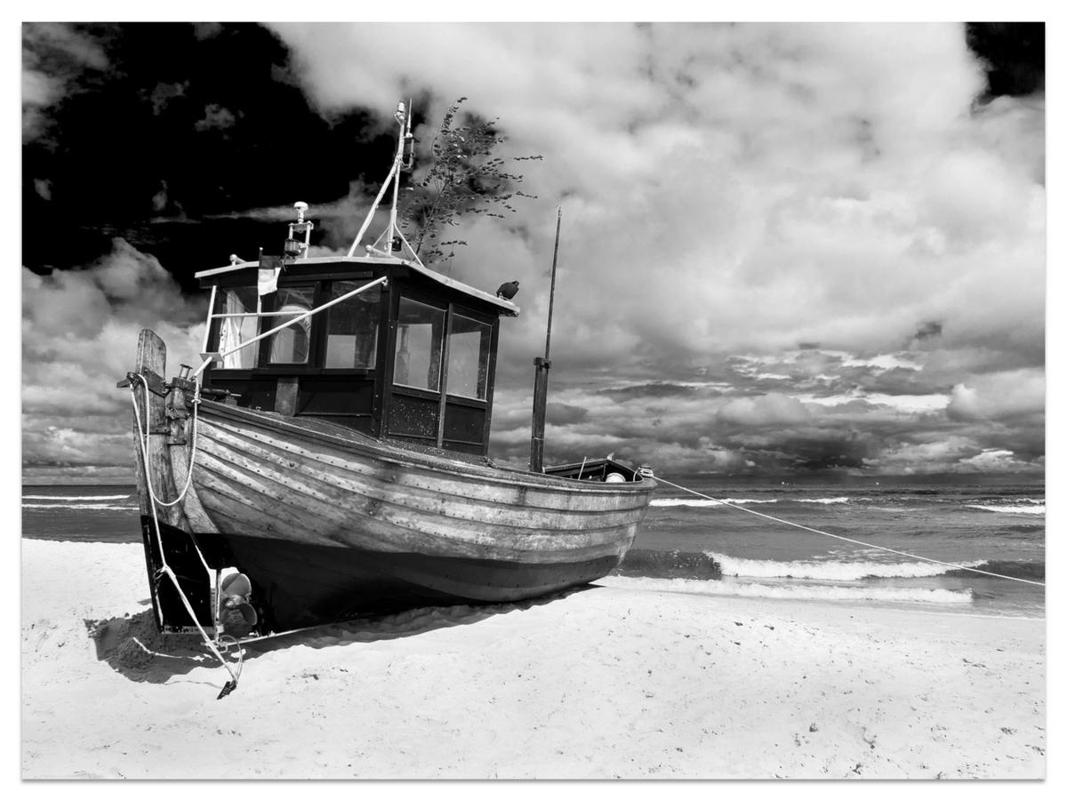 FOTOTAPETA Pre Obývaciu Izbu Čierno-Biela Loď Pláž More 450 x 315 cm - čierna/sivá, papier (450/315cm) - Muralo