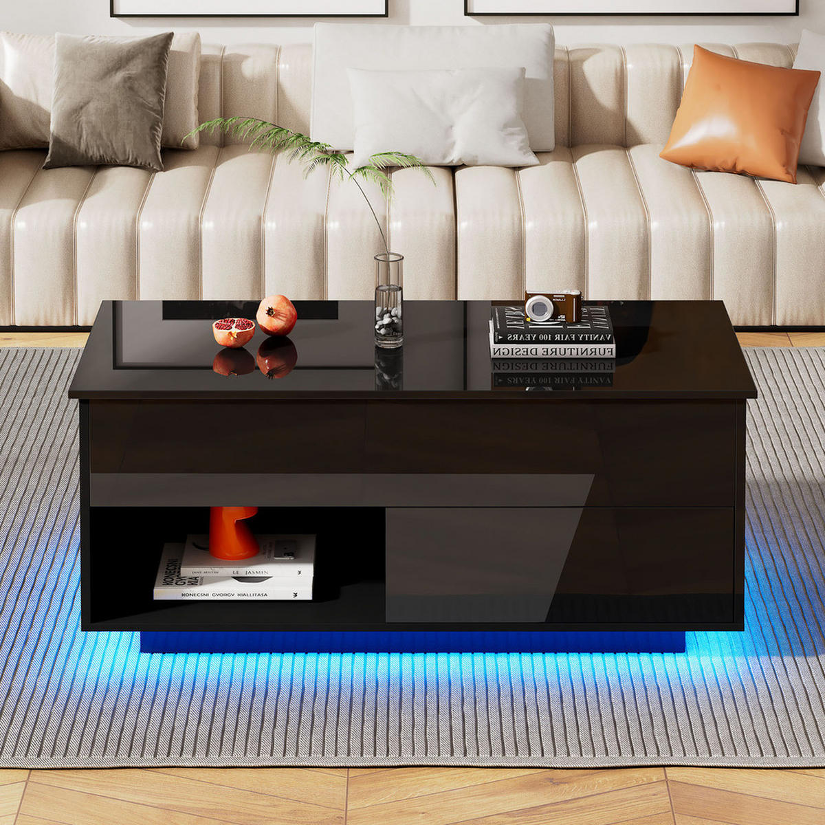 COUCHTISCH 100x50cm Schwarz Hochglanz LED Hydraulik Lift Mehrstufiger Raum - Schwarz, Holz (65.41/62.23/14.61cm) - FLIEKS