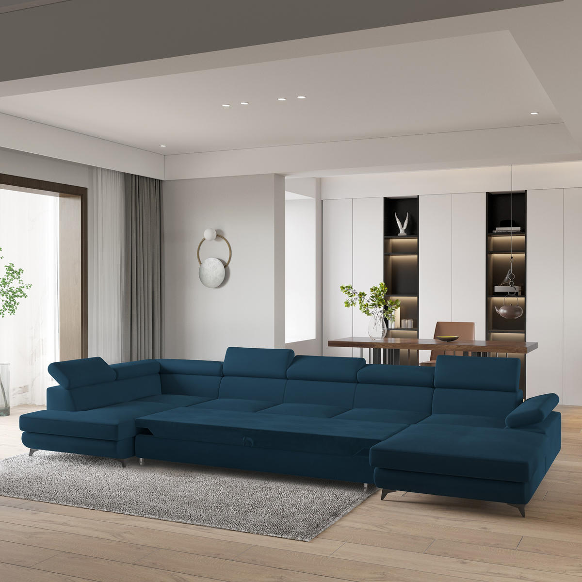 WOHNLANDSCHAFT MONTIVA Blau Velours-Stoff mit Schlaffunktion - Blau, Holz (410/89/190cm) - MASSENO