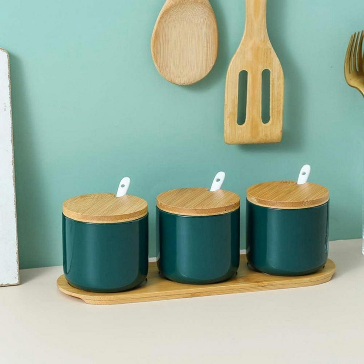 GEWÜRZGLÄSER 3er Set Keramik Grün mit Bambusdeckel und Löffel - Petrol, Keramik (8/10/8cm)