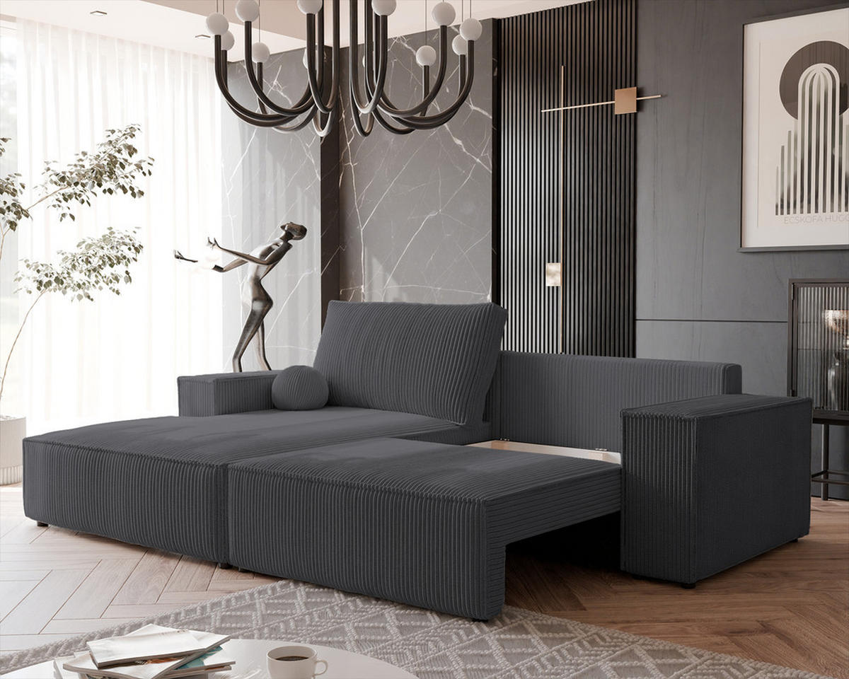 ECKSOFA HUGO Rechts, mit Schlaffunktion und Bettkasten, Dunkelgrau - Dunkelgrau, Textil (255/148cm) - Idohome