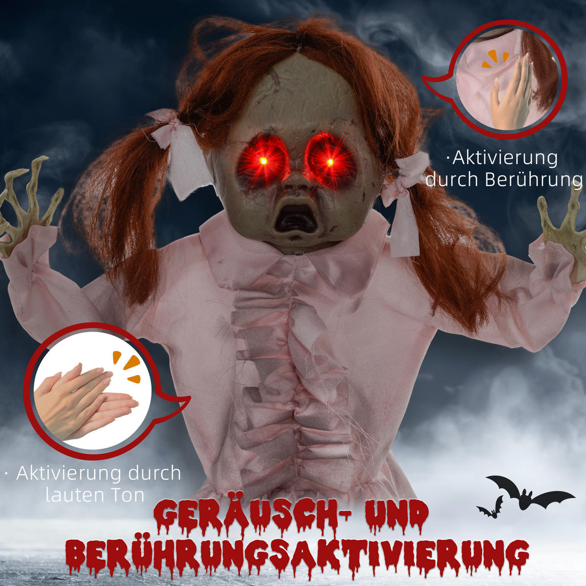 HALLOWEEN DECORATIONS 76cm Dekoration Geisterpuppe, Soundfunktion - Rosa, Kunststoff/Metall (50/76/15cm) - HOMCOM