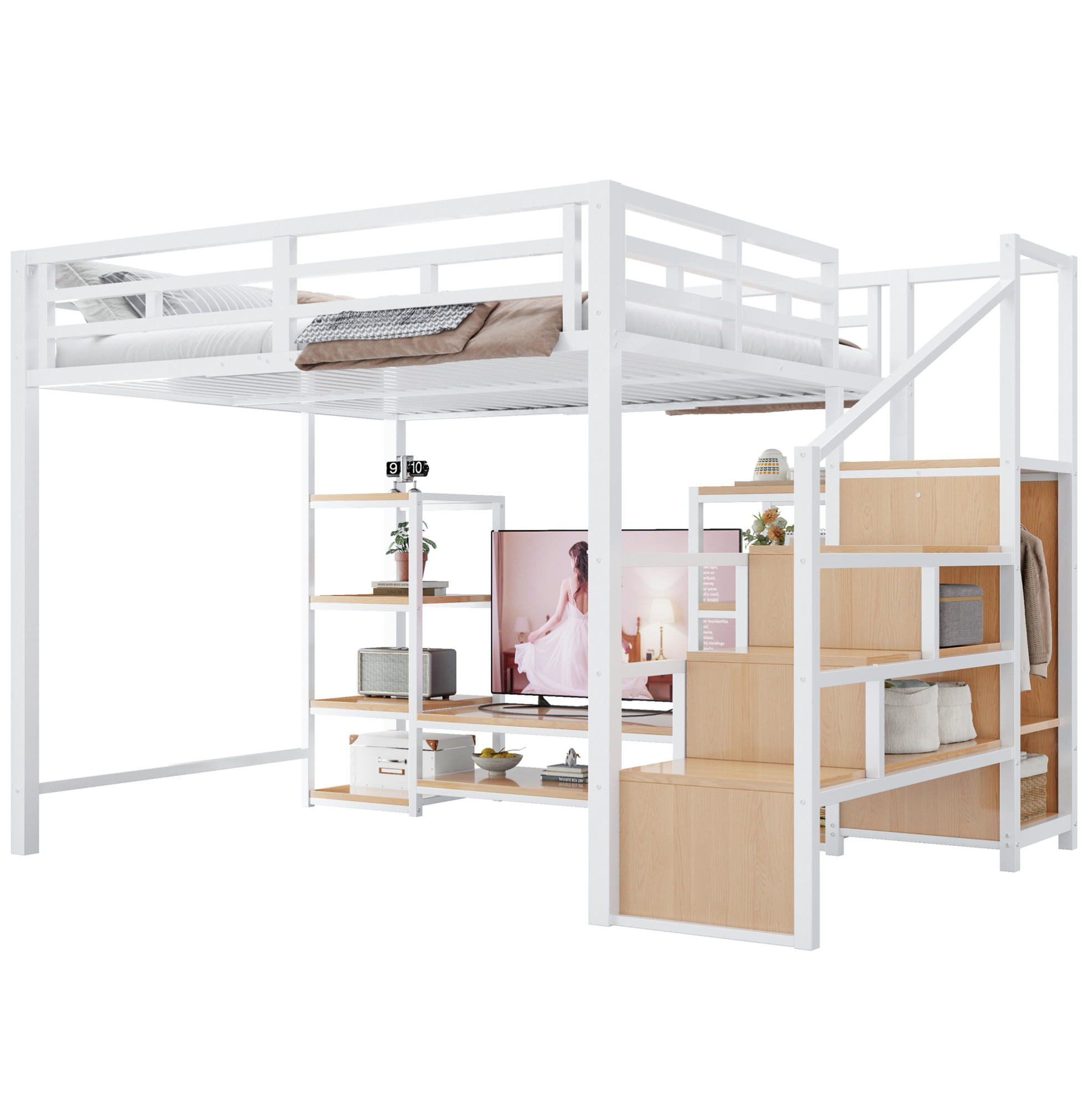 HOCHBETT 140/200 cm aus Metall und MDF mit TV-Ständer, Steckdose und Aufbewahrungsleiter Weiß - Weiß, Metall (140/200cm) - Modenvie