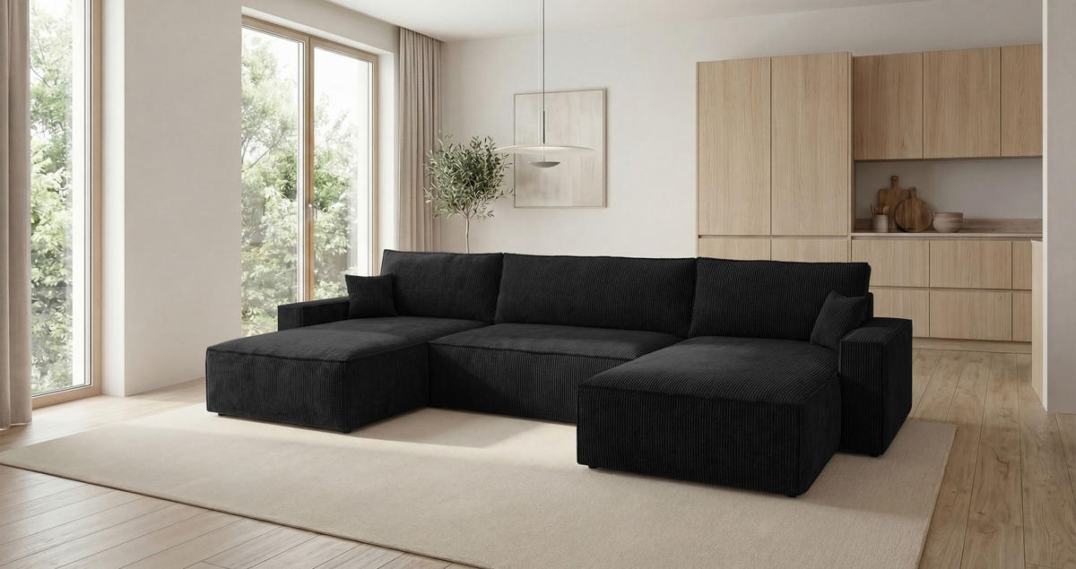 WOHNLANDSCHAFT VIENNA U-Form schwarz Cord Poso 135 - Schlaffunktion, Bettkasten - Schwarz, Textil (385/86/185cm) - Cornero