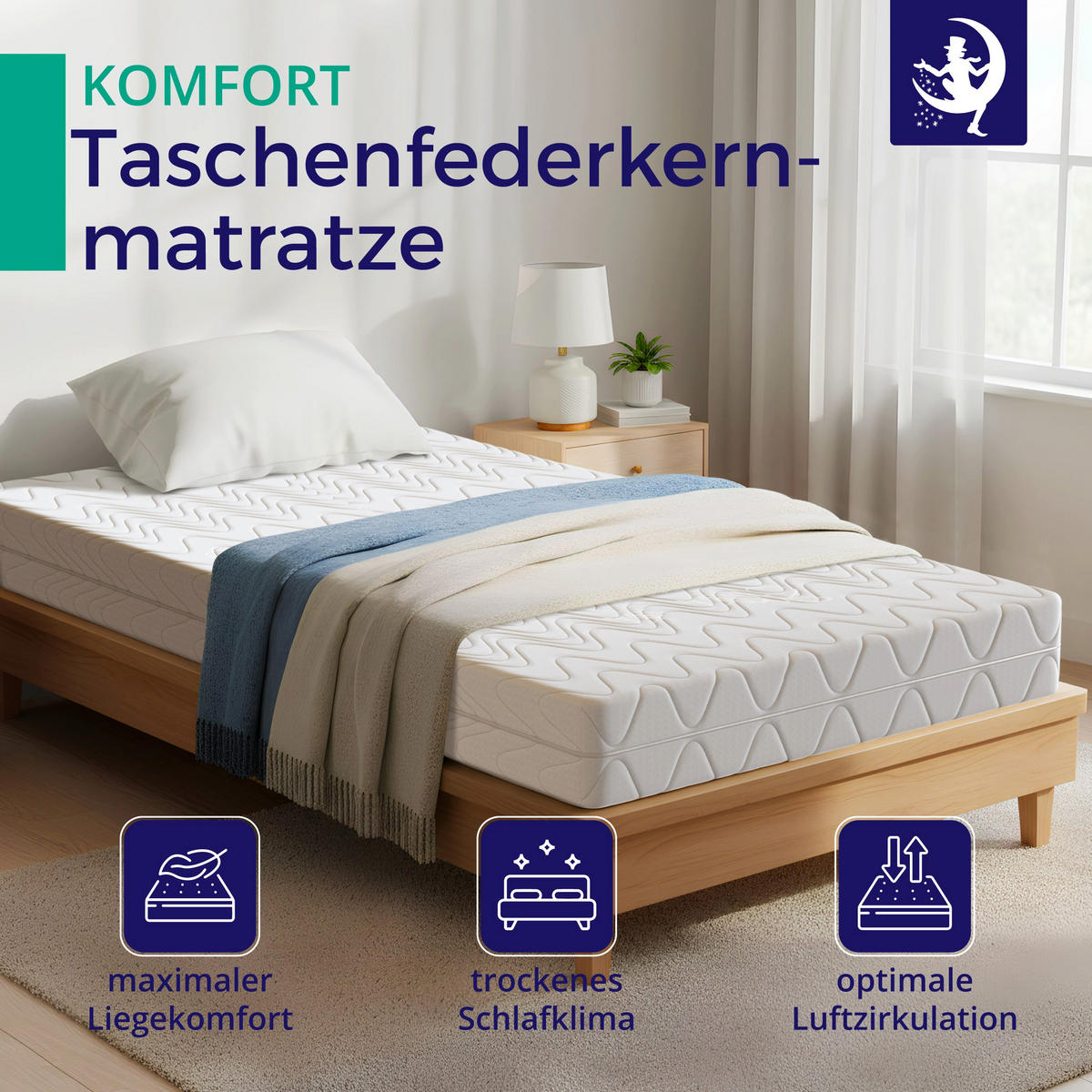 MATRATZE H2 140x200 cm – 7 Zonen Federkernmatratze 18 cm – Kaltschaum Komfortpolsterung – atmungsaktive Matratze mit waschbarem Bezug - Weiß, Textil (140/200cm) - Mister Sandman