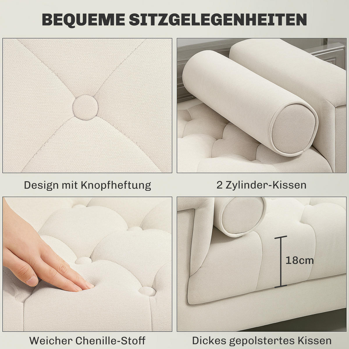 POLSTERBANK mit Chenille-Bezug, Armlehne, 115 x 44 x 58 cm Beige - Beige, Textil (44/58/115cm) - HOMCOM