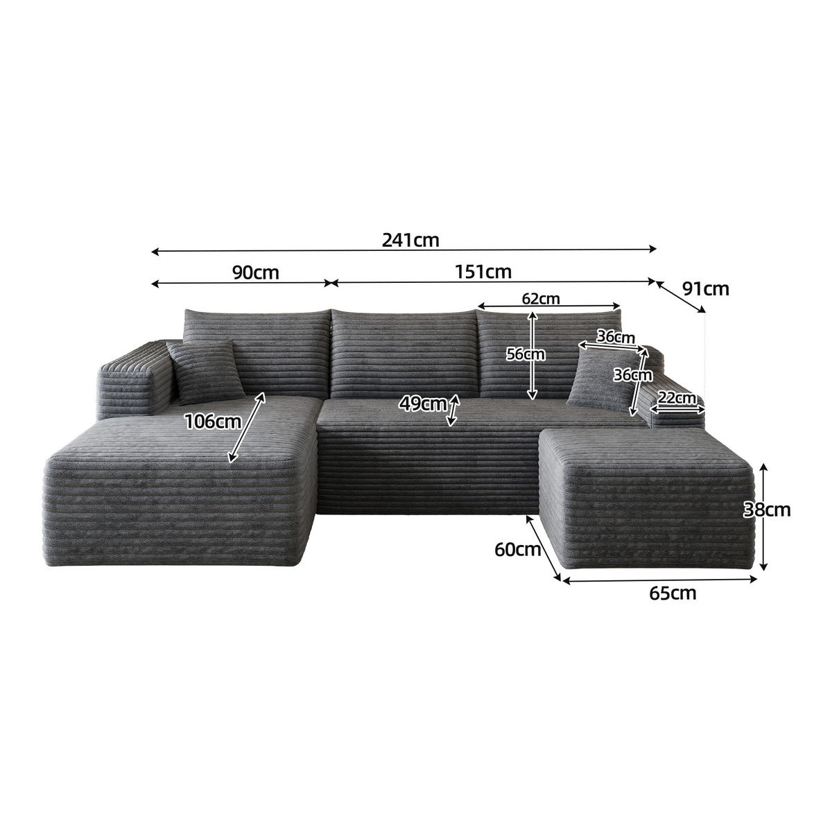 WOHNLANDSCHAFT Cord Dunkelgrau ohne Montage - Grau, Textil (241/58/151cm) - WISHDOR