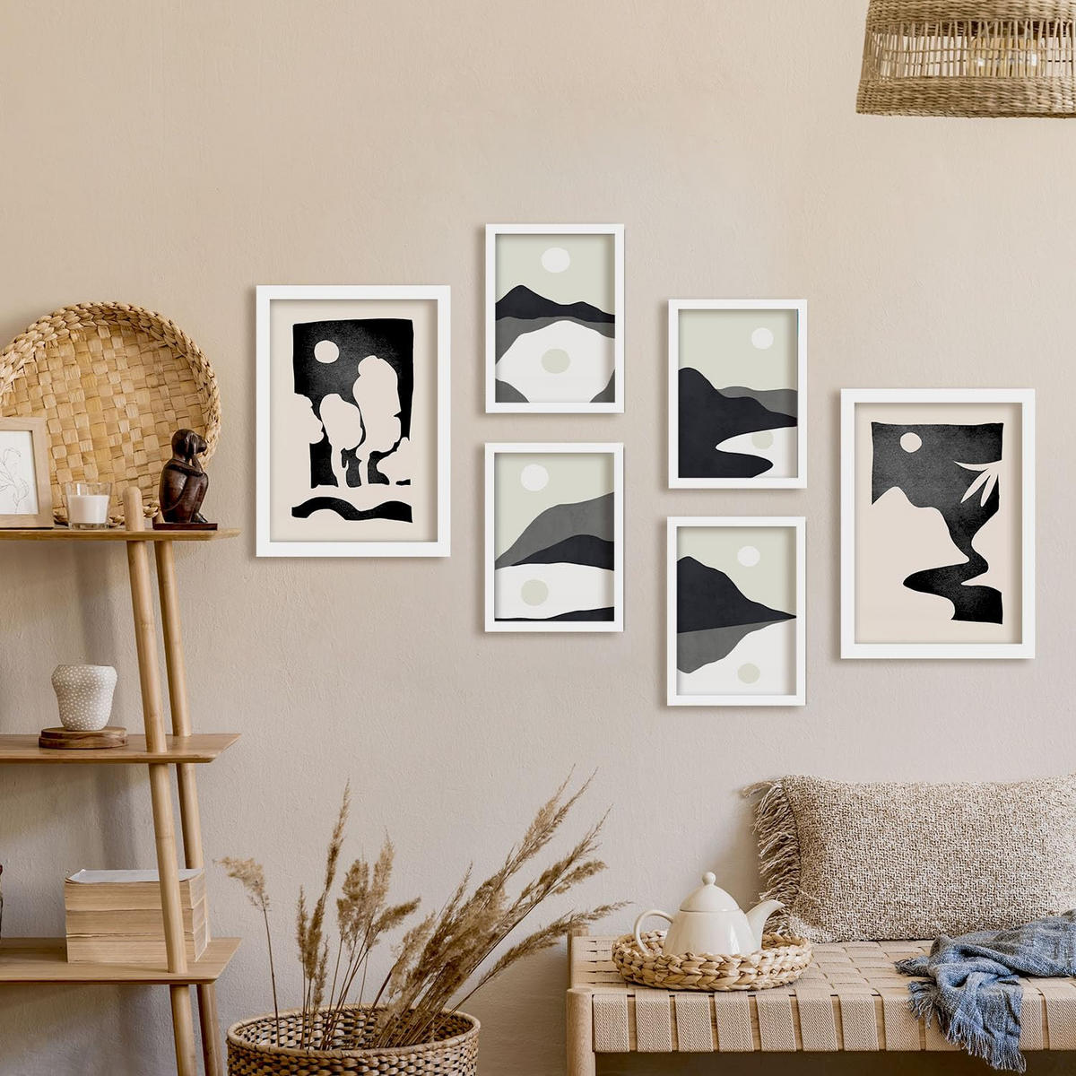 POSTER Set Mit 6 Mitternachtsmond Landschaft abstrakt Größe A3 & A4 Weißer Rahmen - Weiß, Papier (29.7/1cm) - Nacnic
