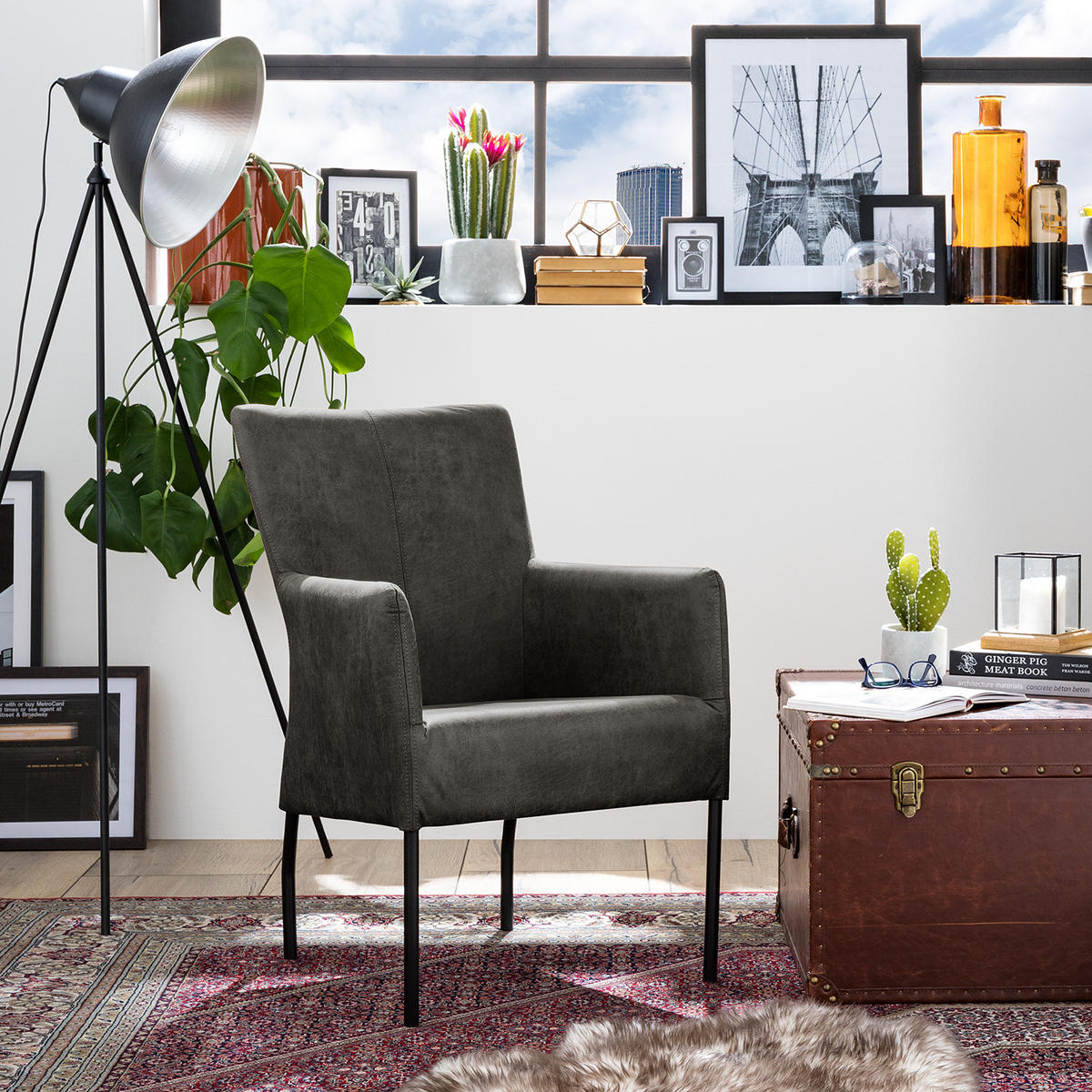 SESSEL - Antiklederlook - Grau, Textil (82/57/65cm) - home24