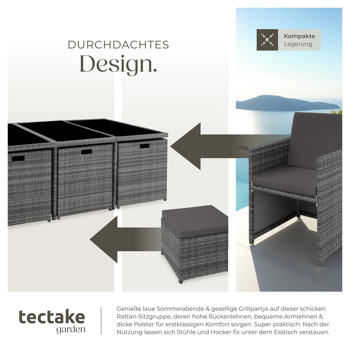 RATTAN SITZGRUPPE New York,2 Bezugssets, zusammenschiebbar, inklusive Schutzhülle,grau - Grau, Kunststoff - tectake