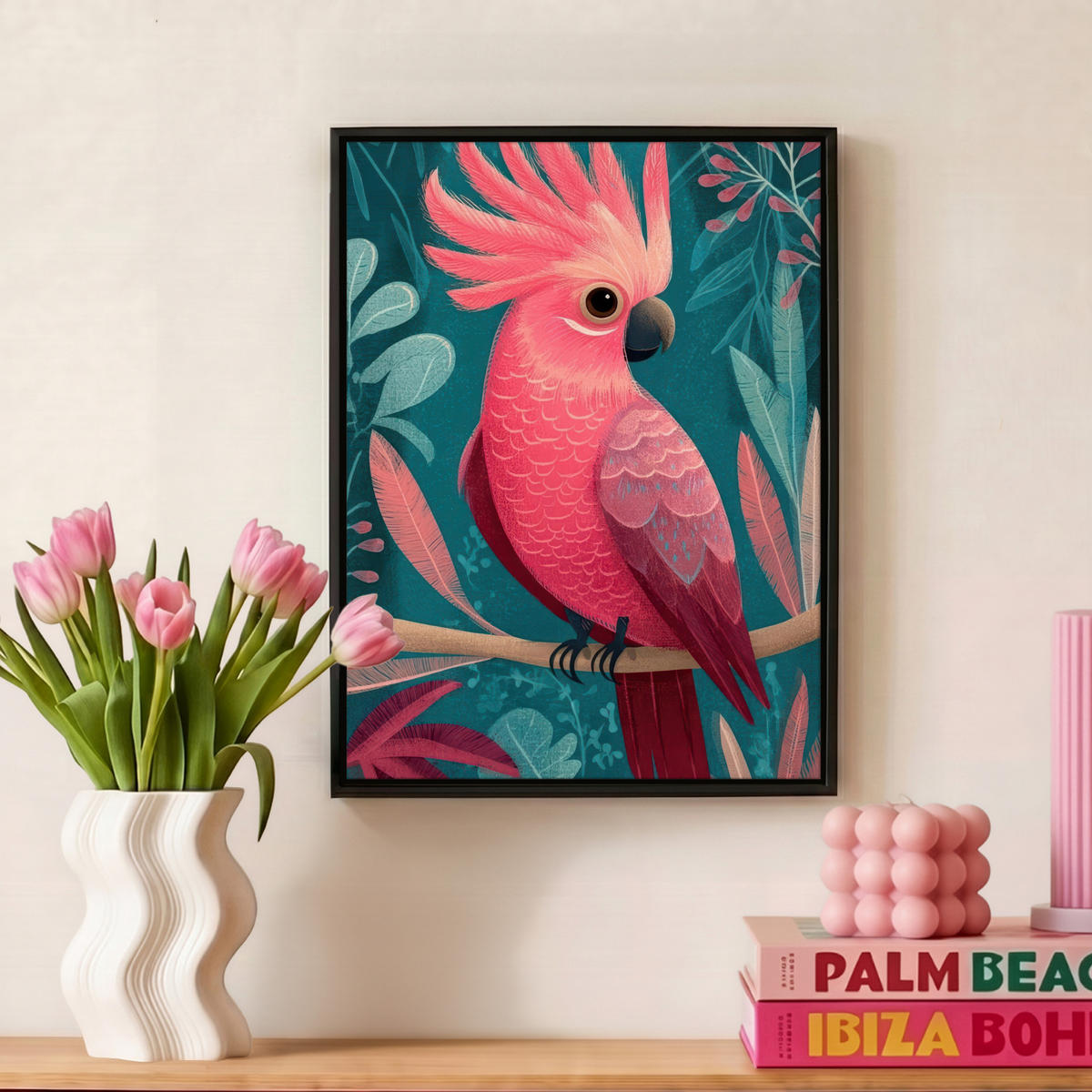 LEINWAND Bilder mit Rahmen - Kakadu - Tropische Blätter - Zweig - 30x40 - Petrol, Textil (30/40cm) - MuchoWow