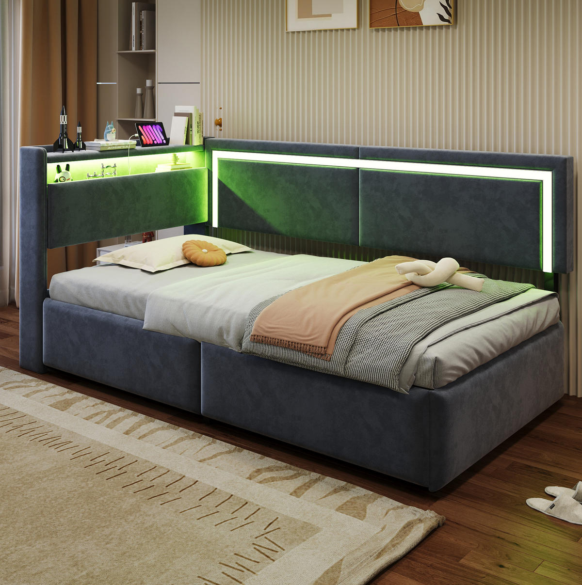 ČALÚNENÁ posteľ 90x200 cm zo zamatu sivá s LED osvetlením, USB portom a hydraulickým úložným priestorom - sivá, textil (90/200cm) - Modfu