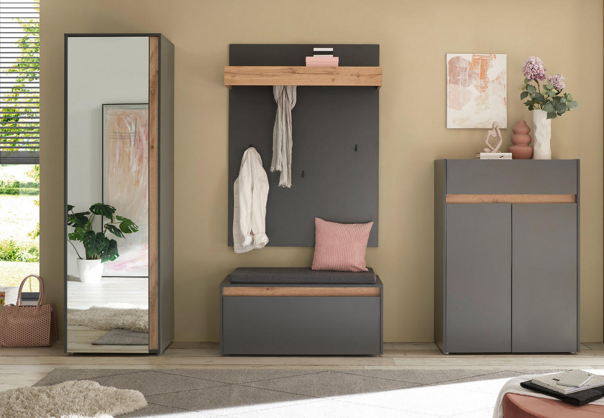 GARDEROBEN-SET 5-teilig grau matt, Eiche Wotan 265 cm, Flurmöbel mit viel Stauraum - Eiche Wotan/Schwarz, Glas/Holzwerkstoff (265/200/40cm) - Furn.Design