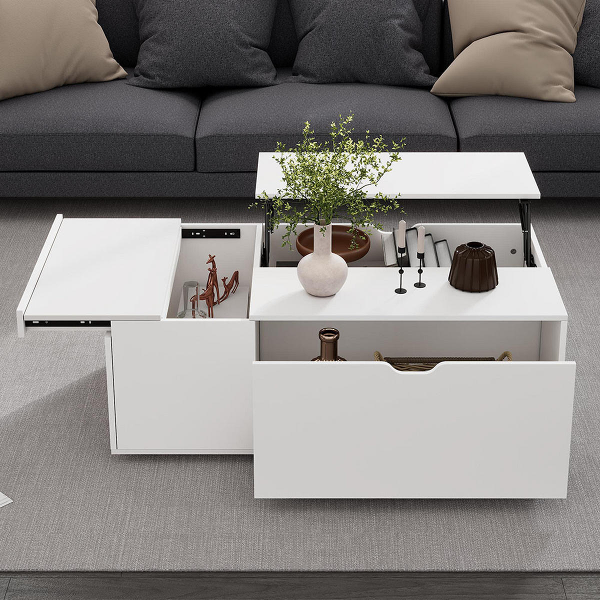 COUCHTISCH mit mit Schubladen und Schiebetüren，weiß - Weiß, Holz (120/65/45.5cm) - KOMHTOM
