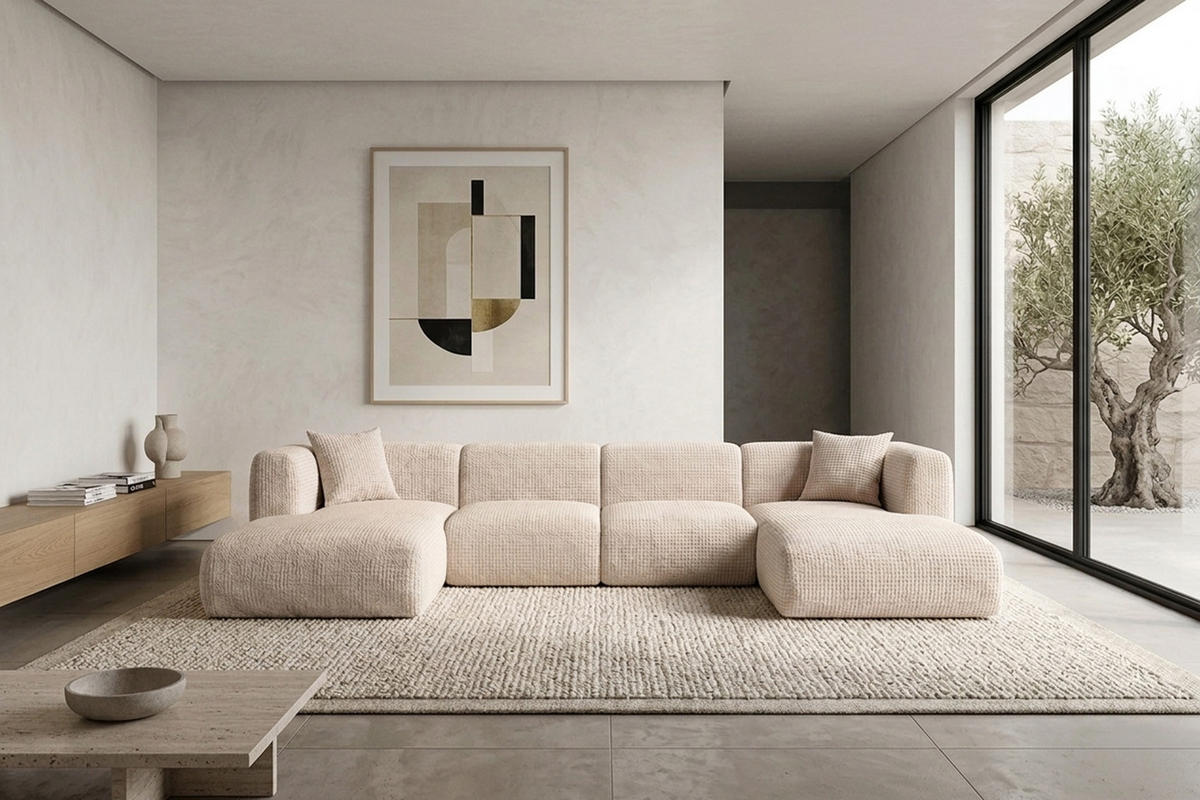 ECKSOFA U-Form, Chenille-Stoff Cremona, Creme, GRETA - Creme, Holz (408/70/179cm) - Kaiser Möbel