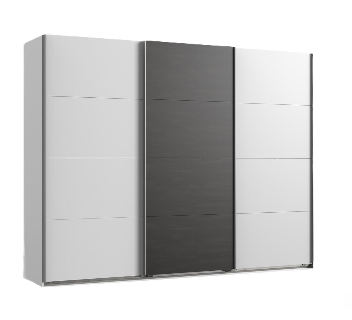 SCHWEBETÜRENSCHRANK 3-türig B270/H208/T65 cm Weiß mit Mitteltür in grauer Stahl-Optik / 22003 - Alufarben/Weiß, Holzwerkstoff/Metall (270/208/65cm) - luma-home