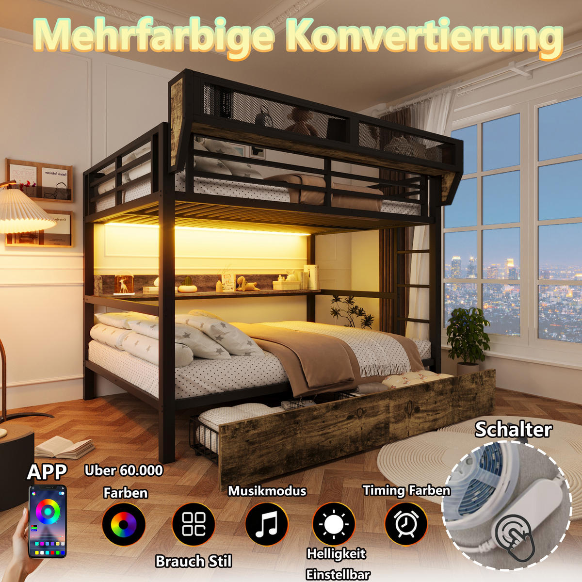 ETAGENBETT 140/200 cm in Schwarz mit LED, Regal, Körben und Schubladen - Schwarz, Holzwerkstoff/Metall (140/200cm) - WISHDOR