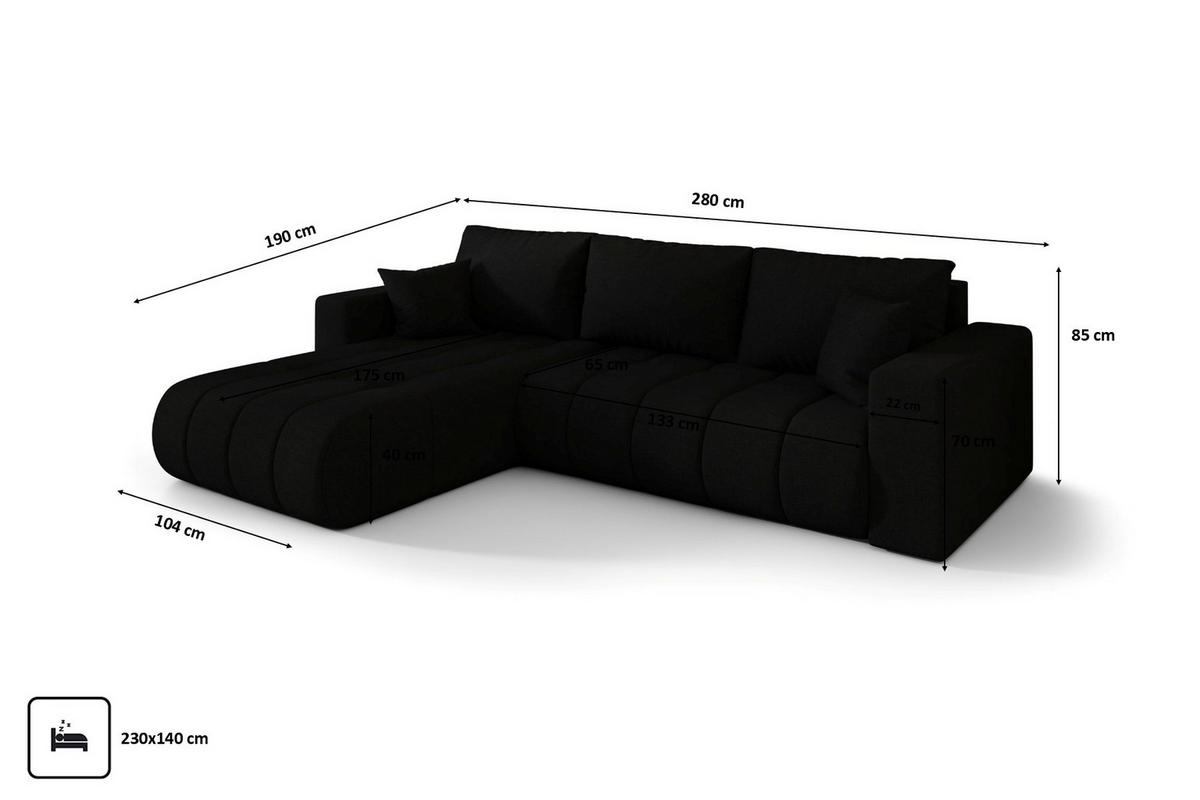 ECKSOFA mit schlaffunktion und bettkasten MILO PREMIUM, stoff WIND, Schwarz, Links - Schwarz, Holz (280/190cm) - Kaiser Möbel