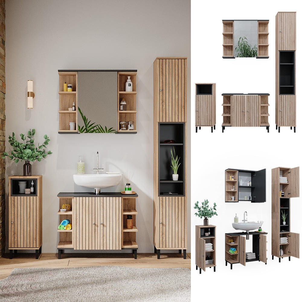 BADMÖBEL-SET Aquis Sonoma 4 Teile - Anthrazit/Sonoma Eiche, Holzwerkstoff (79.6/64/32cm) - Vicco