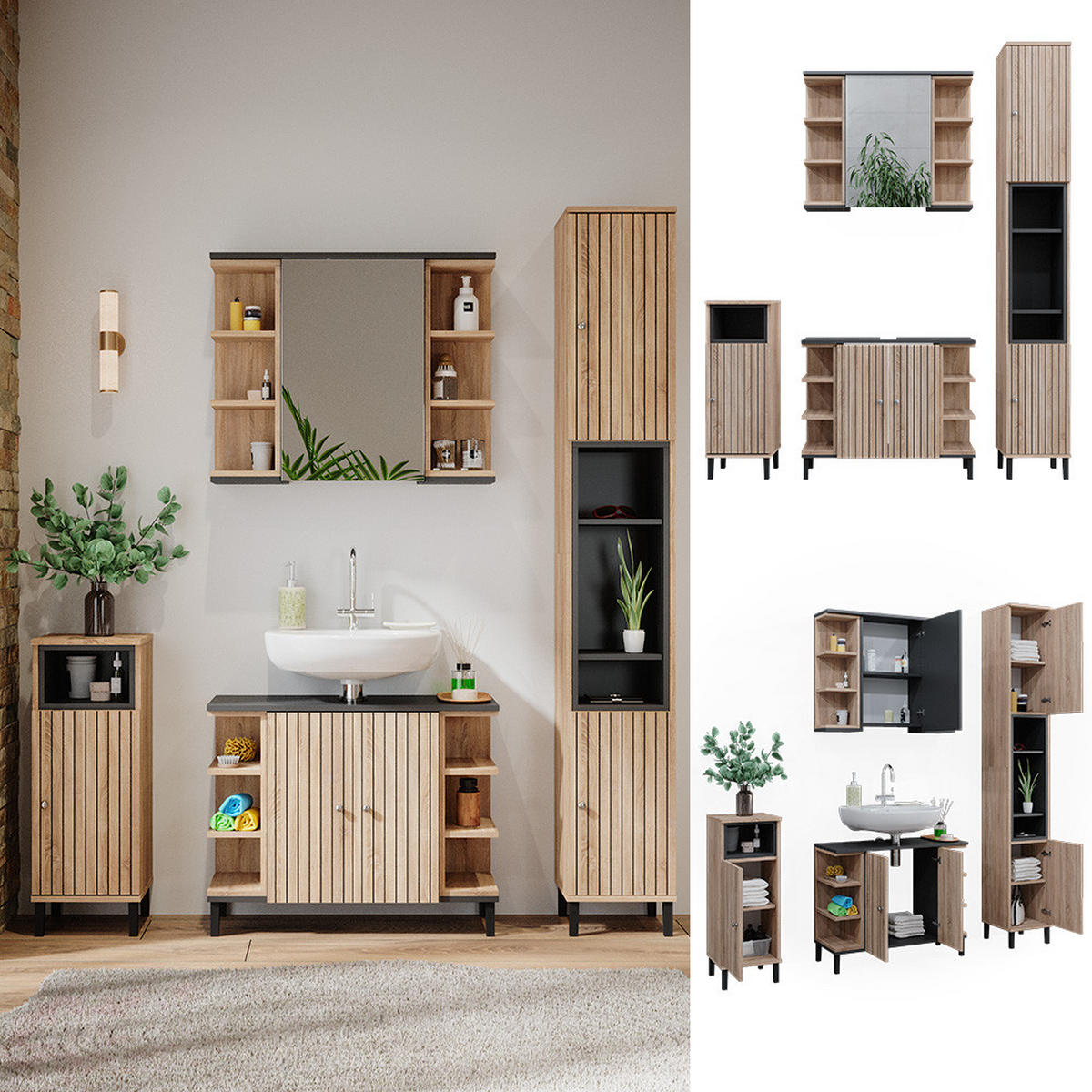BADMÖBEL-SET Aquis Sonoma 4 Teile - Anthrazit/Sonoma Eiche, Holzwerkstoff (79.6/64/32cm) - Vicco