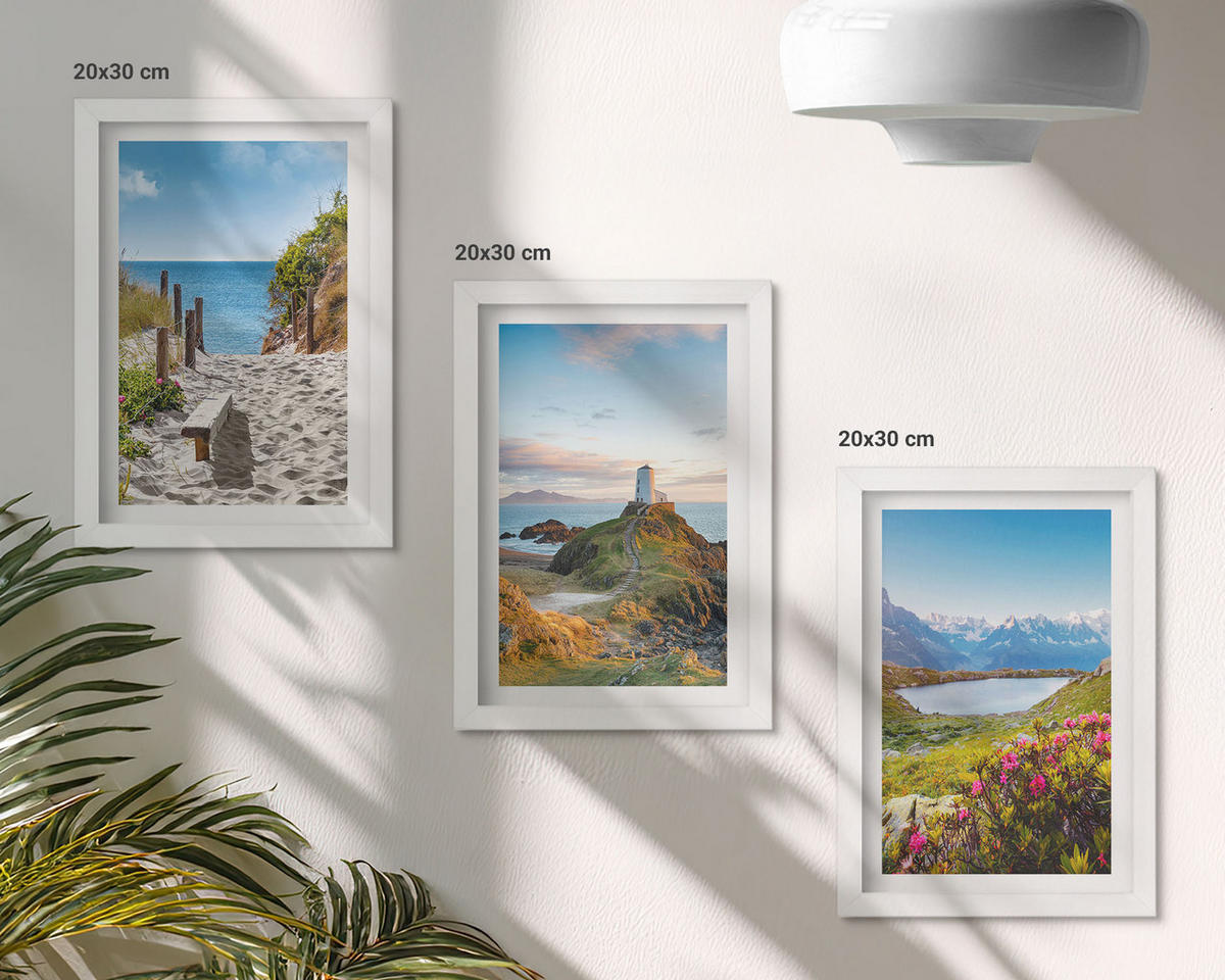 WANDBILDER 3er-Set - 20x30 cm Weißer Rahmen - Strand, Leuchtturm, Berge, Blumen - Weiß, Kunststoff (20/30cm) - ArtPrintCave