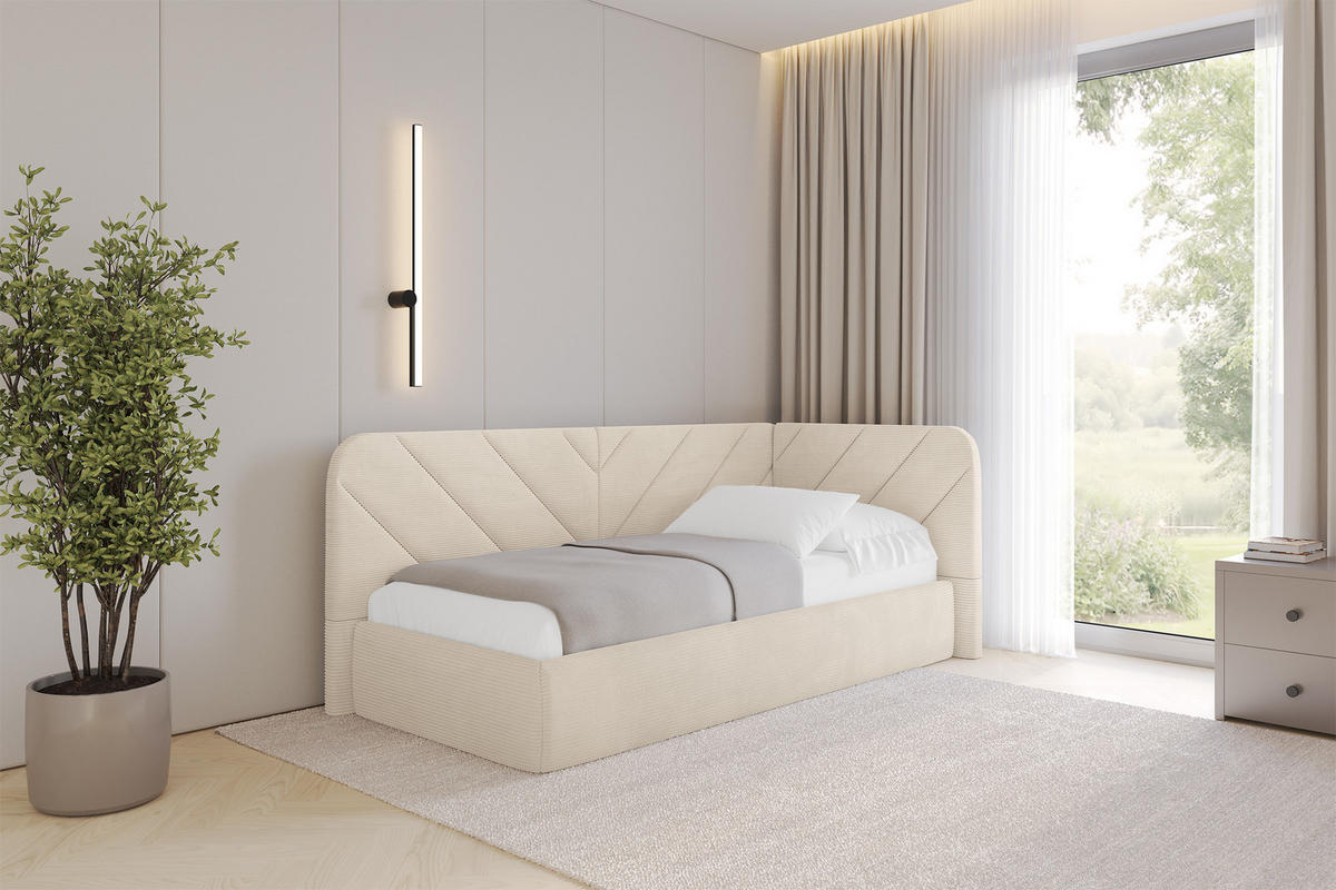 EINZELLBETT Jugendbett mit Bettkasten und Matratze H3/H4, Links - FIKY 90x200 Beige - Creme, Holzwerkstoff/Textil (90/200cm) - ALTDECOR