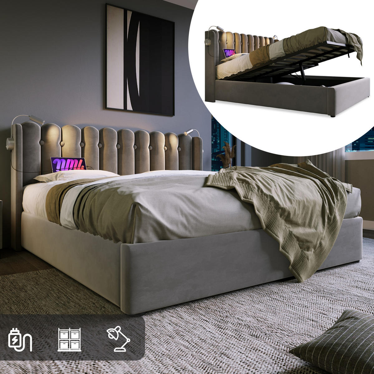 ČALOUNĚNÁ postel 160/200 cm ze sametu šedá s LED čtecím světlem a USB nabíjením - šedá, textil (160/200cm) - BEAOK
