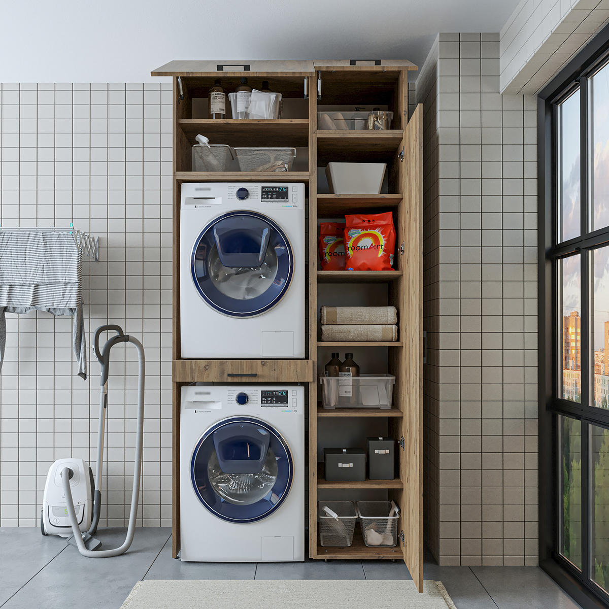 WASCHMASCHINENSCHRANK DUO-I 112cm Breit, 240cm Hoch - Eichefarben, Holzwerkstoff (112/240/67cm)