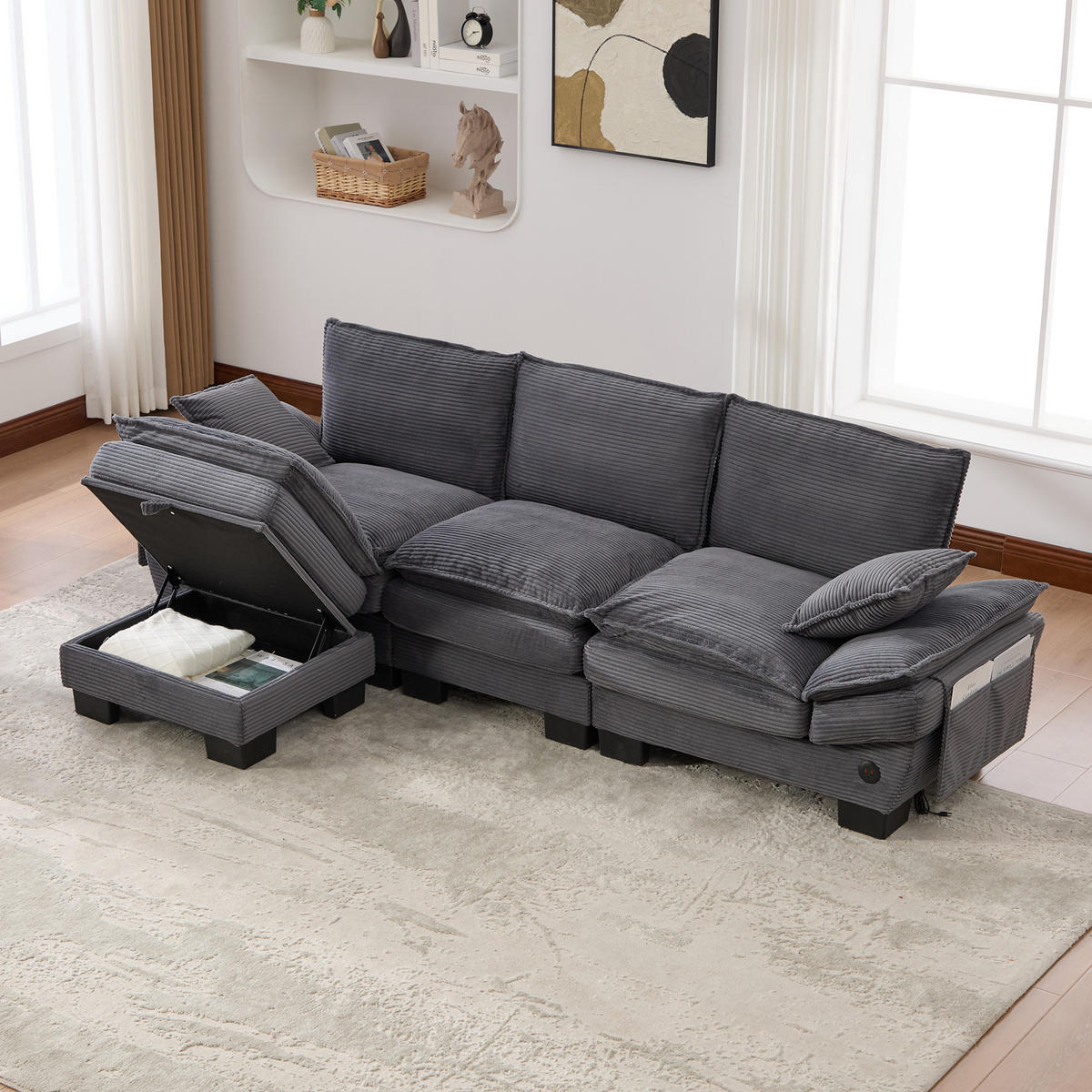 3-SITZER Sofa aus Cord 260x132x84 cm mit USB-C & Hocker, dunkelgrau - Dunkelgrau, Textil (132/84/260cm)