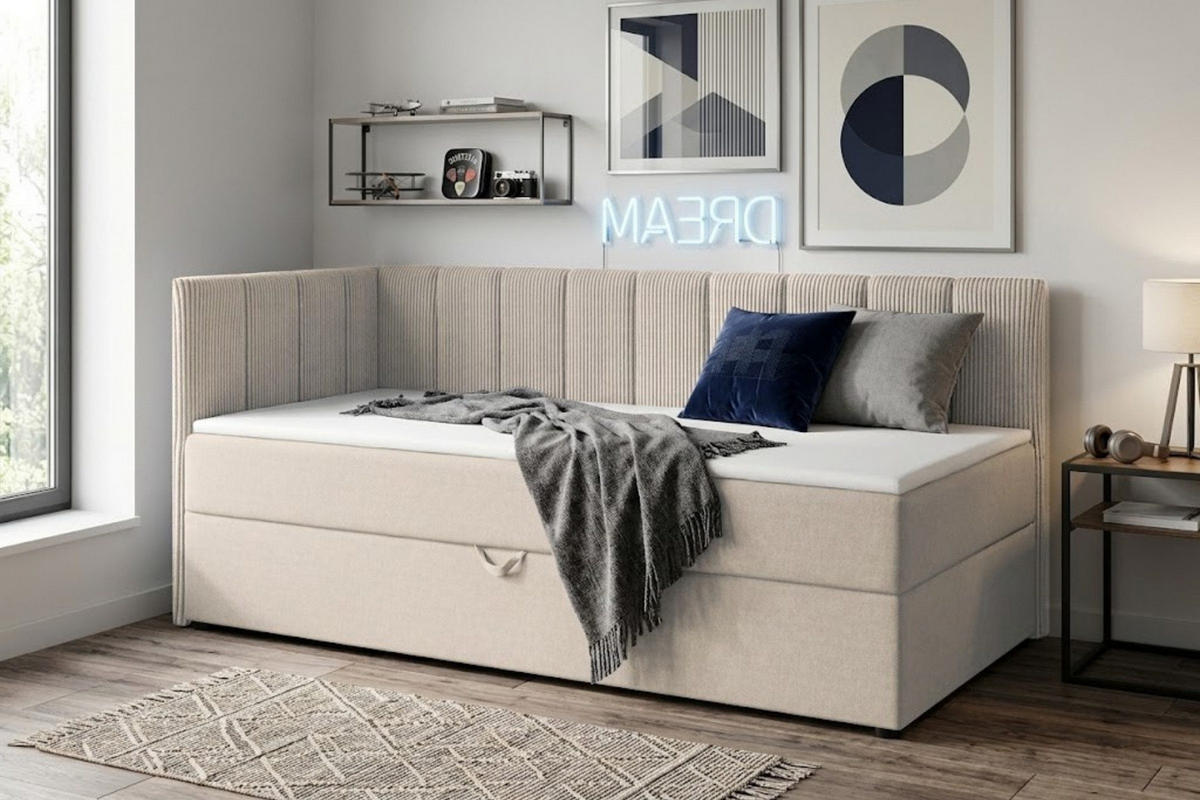 BOXBETT VIGO 100/200 cm in Cord/Velours Ecru H3 links - Ecru, Holz/Holzwerkstoff (100/200cm) - Deine Möbel 24
