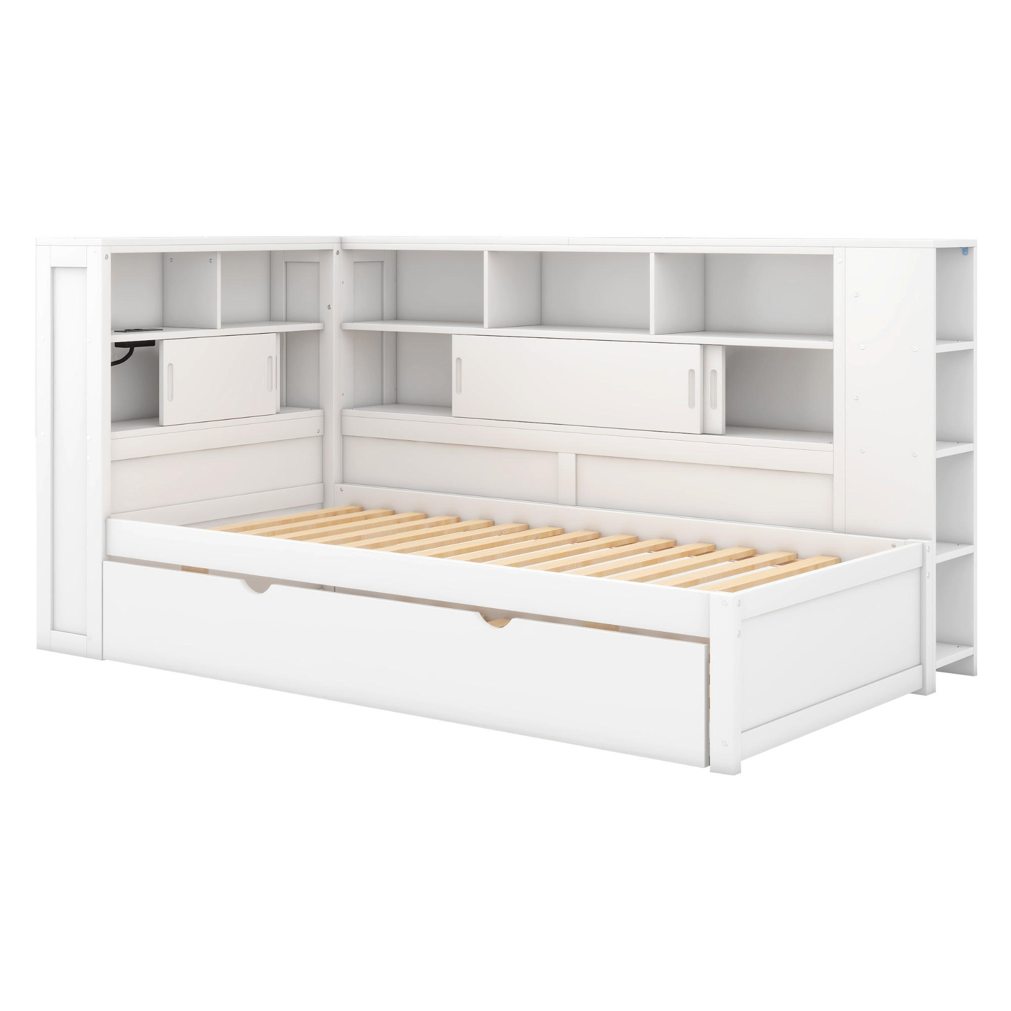 MULTIFUNKTIONSBETT 90/200 cm weiß mit Ausziehbett und USB-Ladeanschluss - Weiß, Holzwerkstoff (90/200cm) - OKWISH