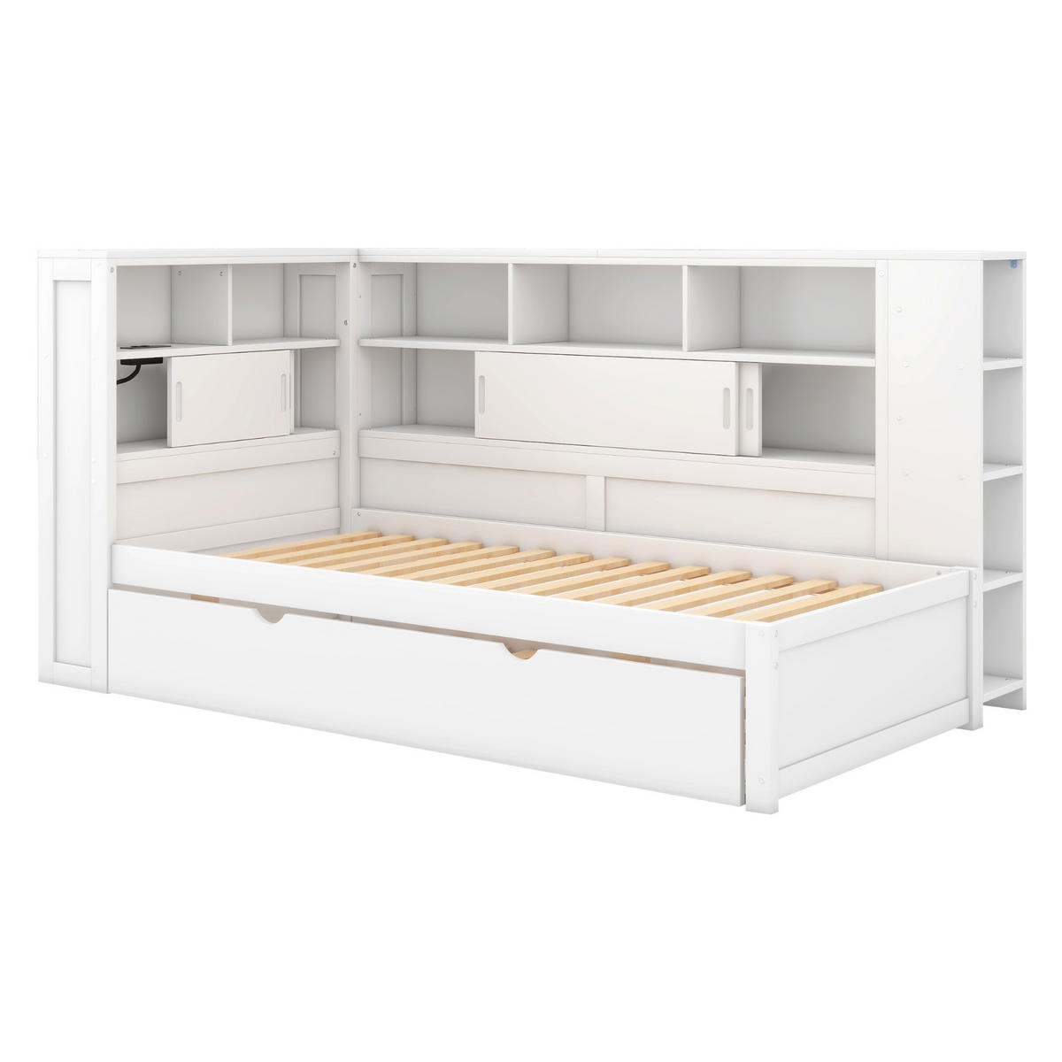 MULTIFUNKTIONSBETT 90/200 cm weiß mit Ausziehbett und USB-Ladeanschluss - Weiß, Holzwerkstoff (90/200cm) - OKWISH