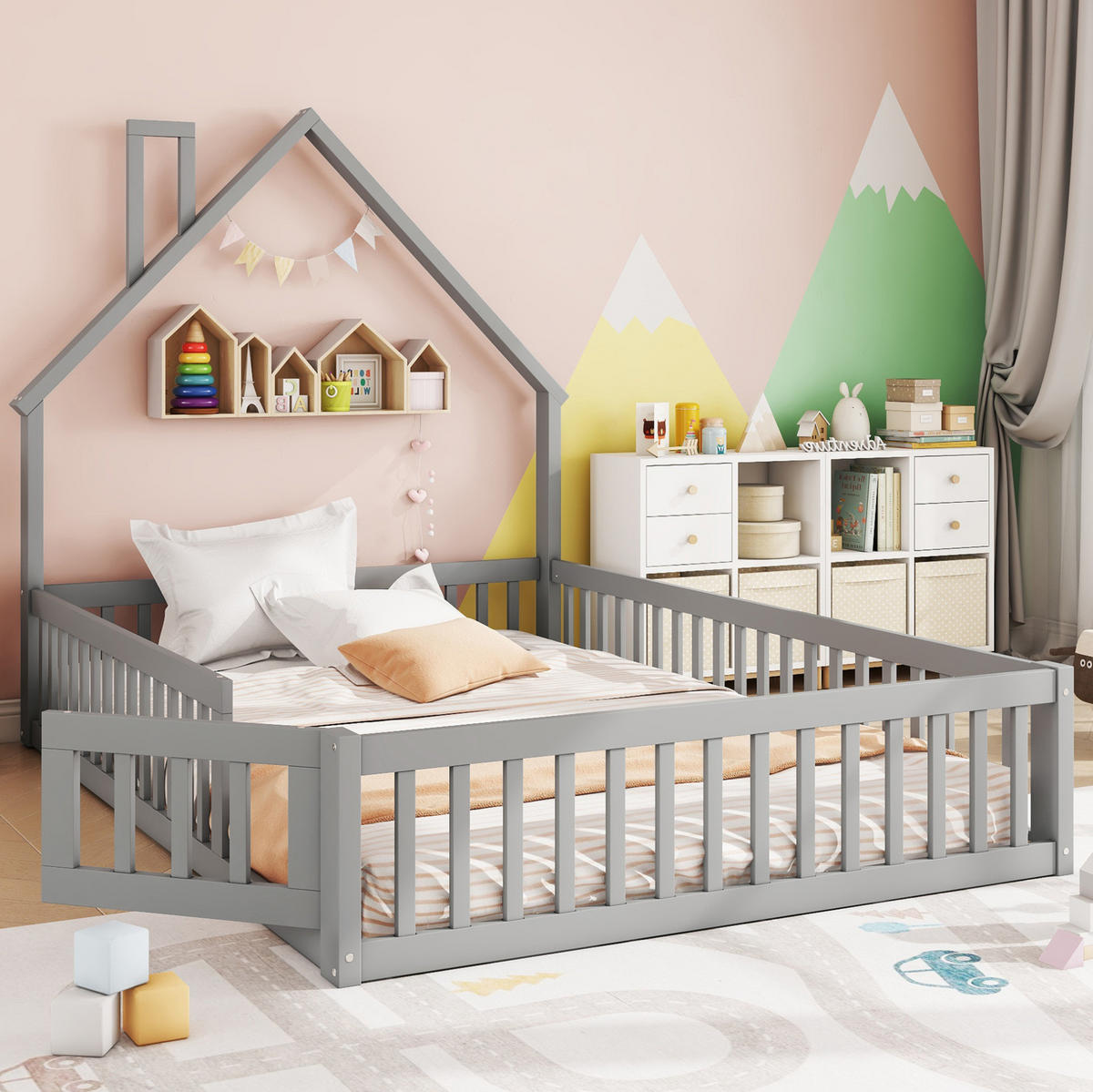 KINDERBETT mit Schutzgitter 140x200 cm Kiefernholz Grau - Grau, Holzwerkstoff (140/200cm) - Beauniv