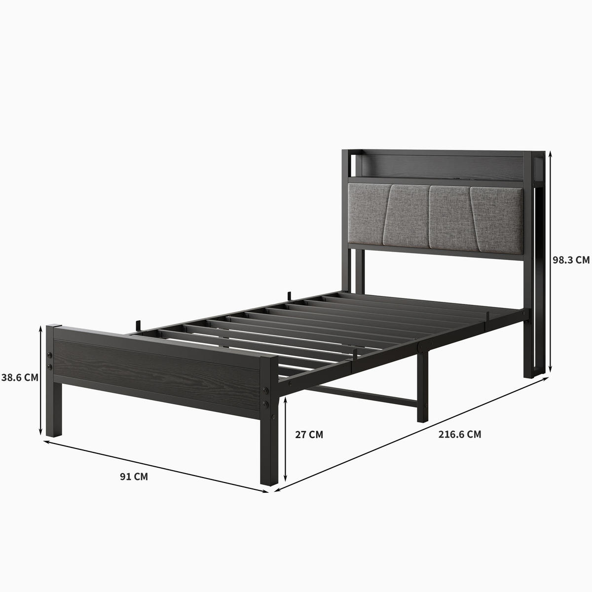 METALLBETT 90/200 mit Gepolstertes Kopfteil und Steckdose Jugendbett ohne Matratze, 27 cm Bodenfreiheit - Schwarz/Grau, Holzwerkstoff/Textil (90/200cm) - STILVORA