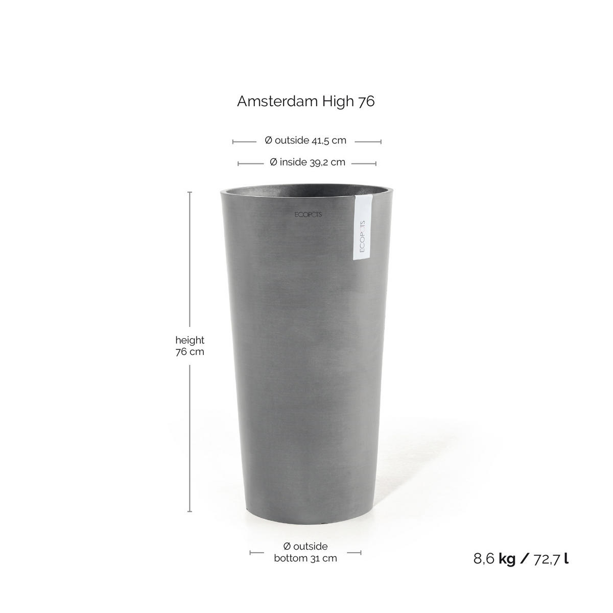 BLUMENTOPF Amsterdam High 41,5/76,8 cm Grau - Grau, Kunststoff (41.5/76.8cm) - Ecopots