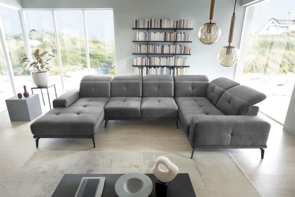 WOHNLANDSCHAFT mit Sitztiefenverstellung, wasserabweisender Nube-Stoff der Spitzenklasse - Schwarz/Grau, Textil/Metall (210/77/350cm) - Eltap