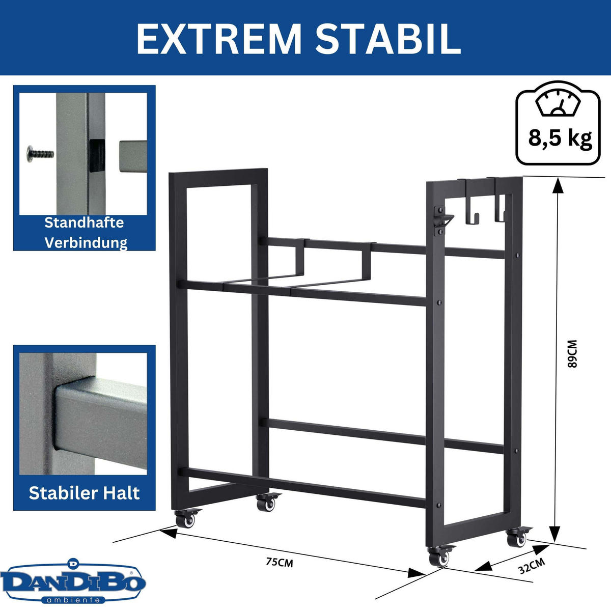 GETRÄNKEKISTENREGAL 4 Kisten mit Gitter Haken Rollen Metall Schwarz 96650 - Schwarz, Metall (72/89/32cm) - DanDiBo