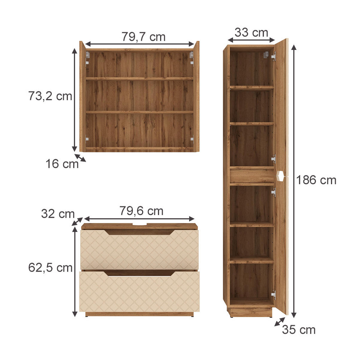 BADMÖBEL-SET Lotta Eiche/Kaschmir mit Kachelstruktur 3 Teile - Kaschmir/Eichefarben, Holzwerkstoff (79.6/62.5/32cm) - Vicco