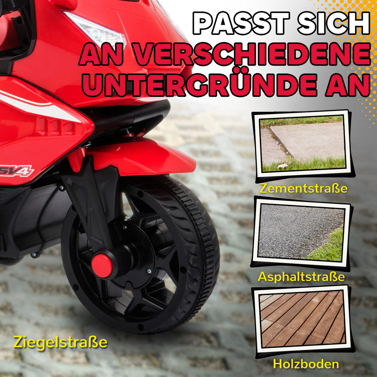 ELEKTRO KINDERMOTORRAD mit USB Stützrädern und Musik - Rot, Metall (75/36/49cm) - AIYAPLAY