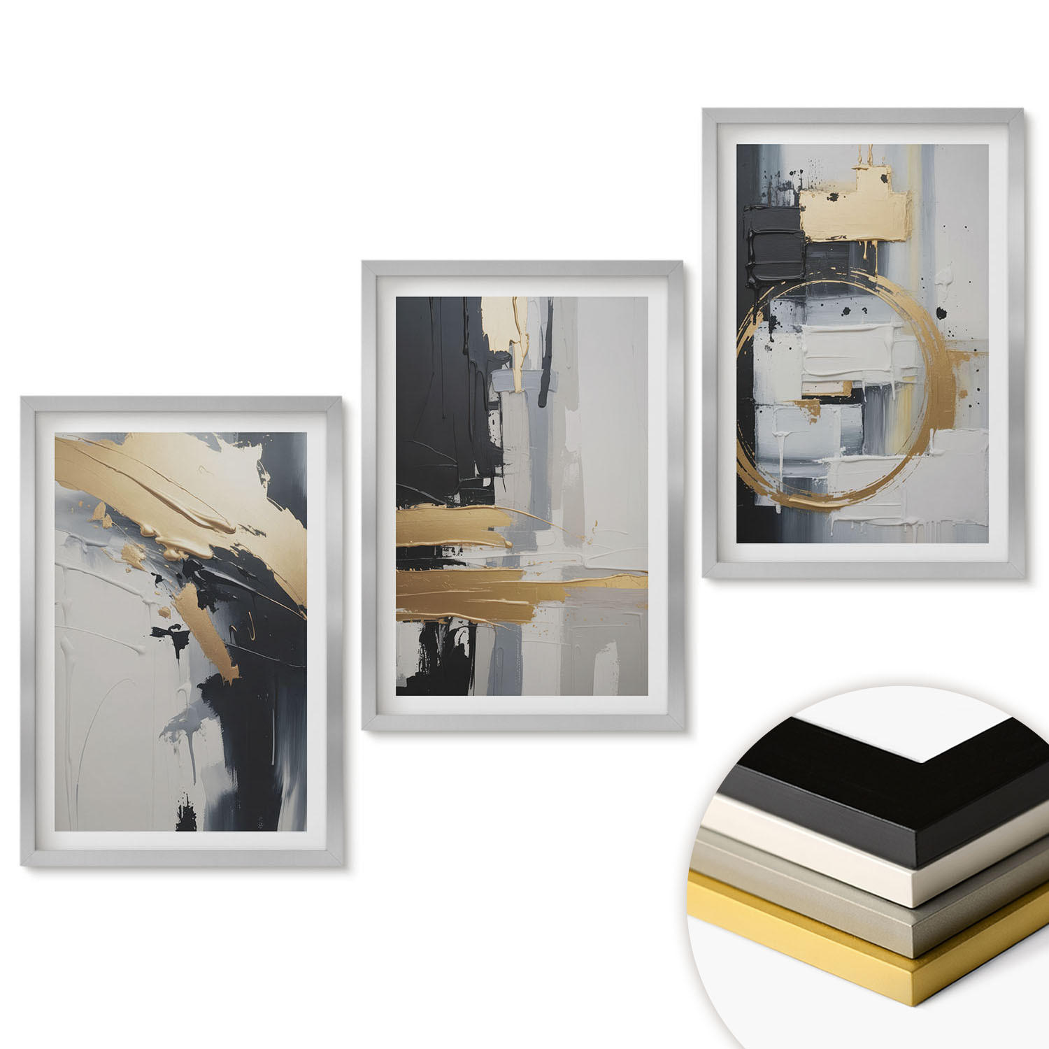 WANDBILDER 3er Set - 40x60 cm Silberner Rahmen - Abstrakte Schwarz-Weiß-Malerei - Silberfarben, Kunststoff (40/60cm) - ArtPrintCave
