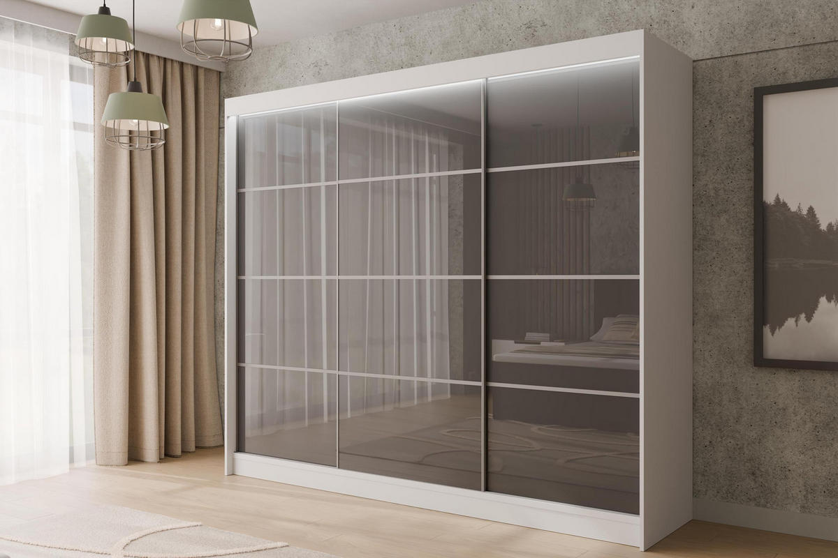 KLEIDERSCHRANK PEKA III mit LED - 250 cm - Weiß|Grau - Weiß/Grau, Holzwerkstoff (250/215/61cm) - ALTDECOR