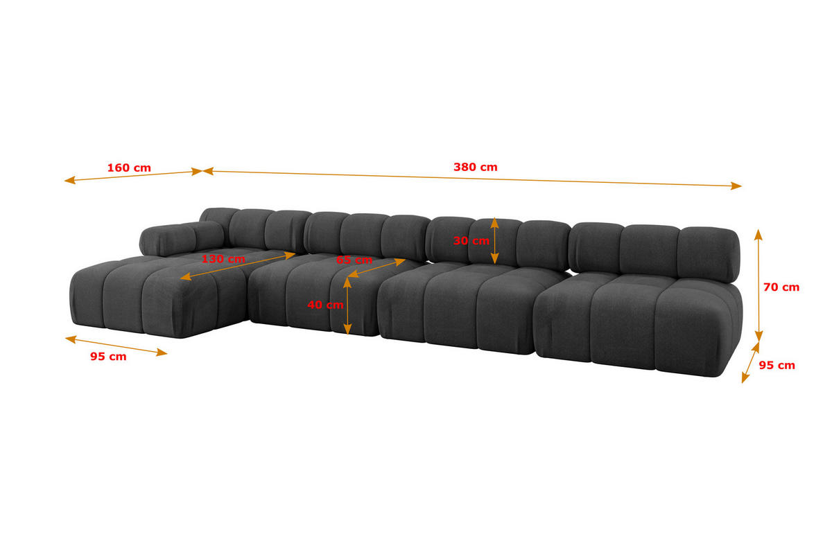 ECKSOFA modulares Sofa Razon-L3 - 380x160x70 cm Schwarz Velours - Schwarz, Holzwerkstoff/Textil (380/160cm) - ALTDECOR