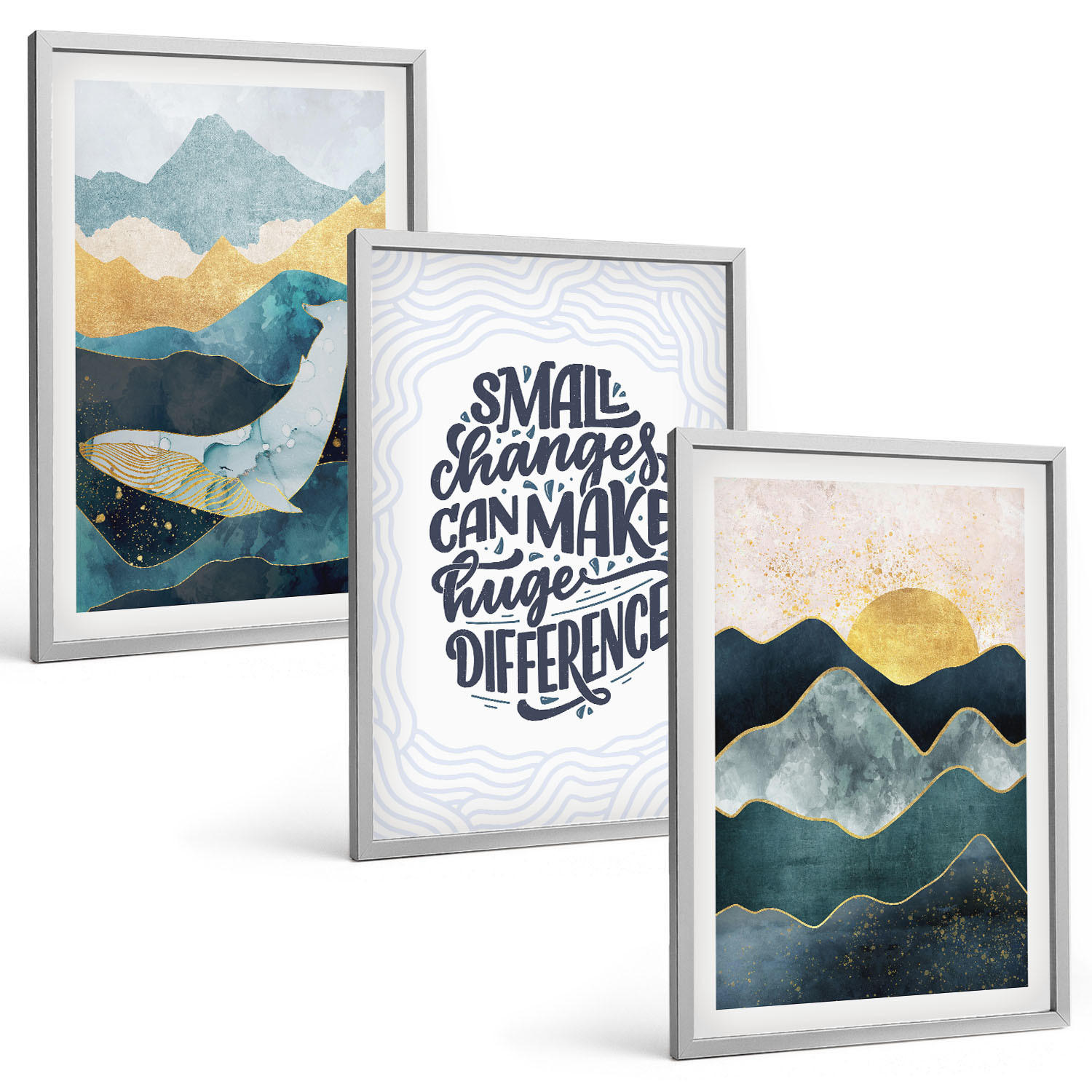 BILDER SET 3er Set - 40x60 cm Silberner Rahmen - Abstrakte Berginspiration - Silberfarben, Kunststoff (40/60cm) - TULUP