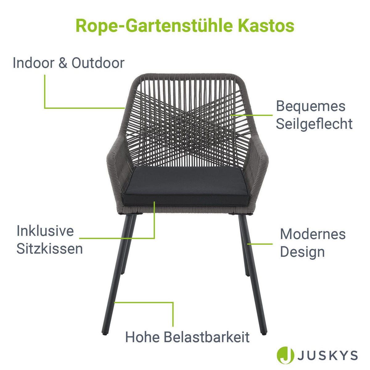 GARTENSTÜHLE Rope Kastos grau (2er-Set) - Grau, Metall (57/86/61cm) - Juskys