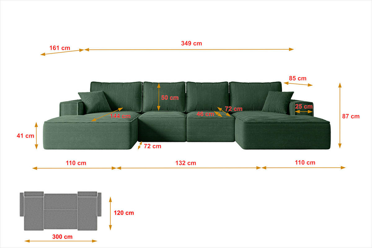 WOHNLANDSCHAFT mit Schlaffunktion und Bettkasten SIERRA-U-S - 349x161x87 cm Grün Cord - Schwarz/Grün, Holzwerkstoff/Kunststoff (349/87/161cm) - ALTDECOR